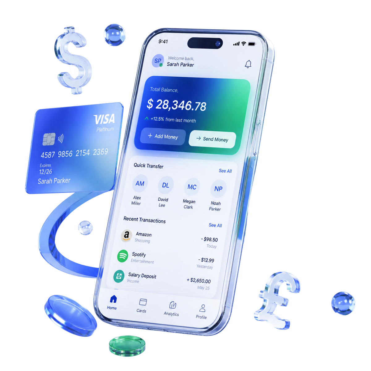 Portefeuille mobile WOLECA RECHAJ+ affichant un solde, des transferts rapides et des transactions récentes